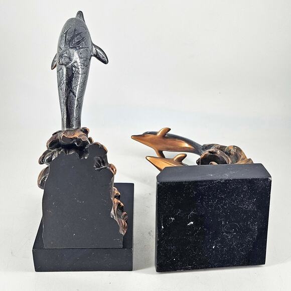 Vintage Pair Of copper Dolphin dolphins riding waves Bookends - Picture 4 of 4